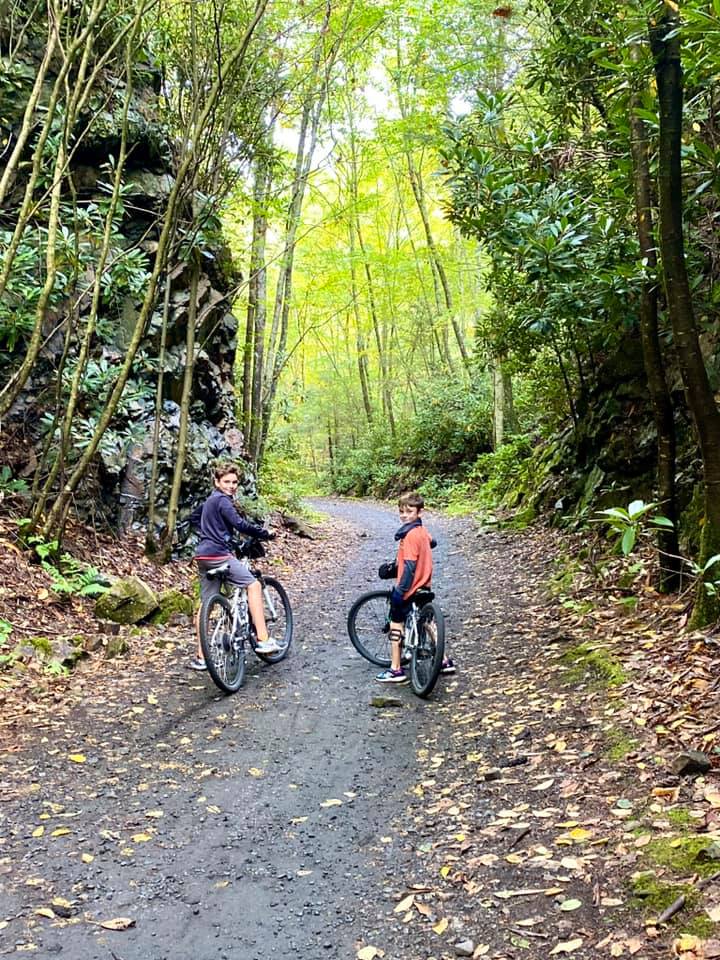 Boys on a wooded section of the Creeper Trail